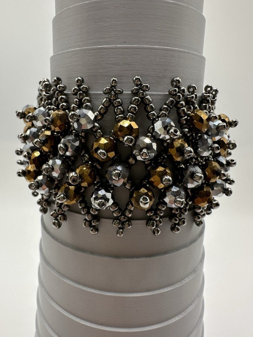 Gold And Silver Crystal Macrame Bracelet 7 Inch Woven Toggle Clap